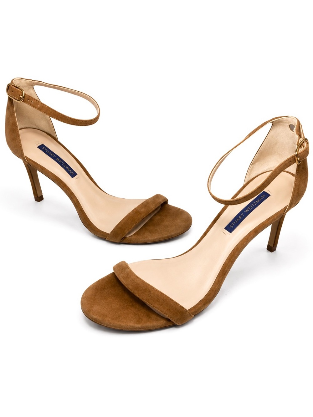Stuart Weitzman Nudist II Designer Sandal Stiletto Heels Sz 7.5 Tan Suede Luxury